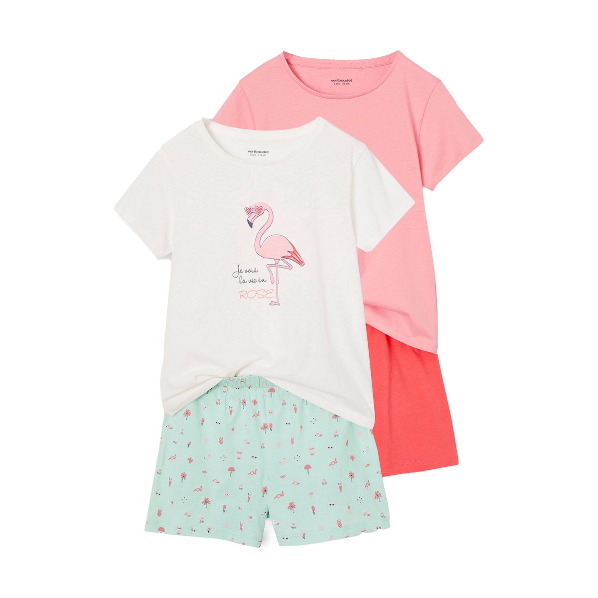 Lot 2 pyjashorts 1 motif arc-en-ciel + 1 motif flamant rose turquoise, VERTBAUDET