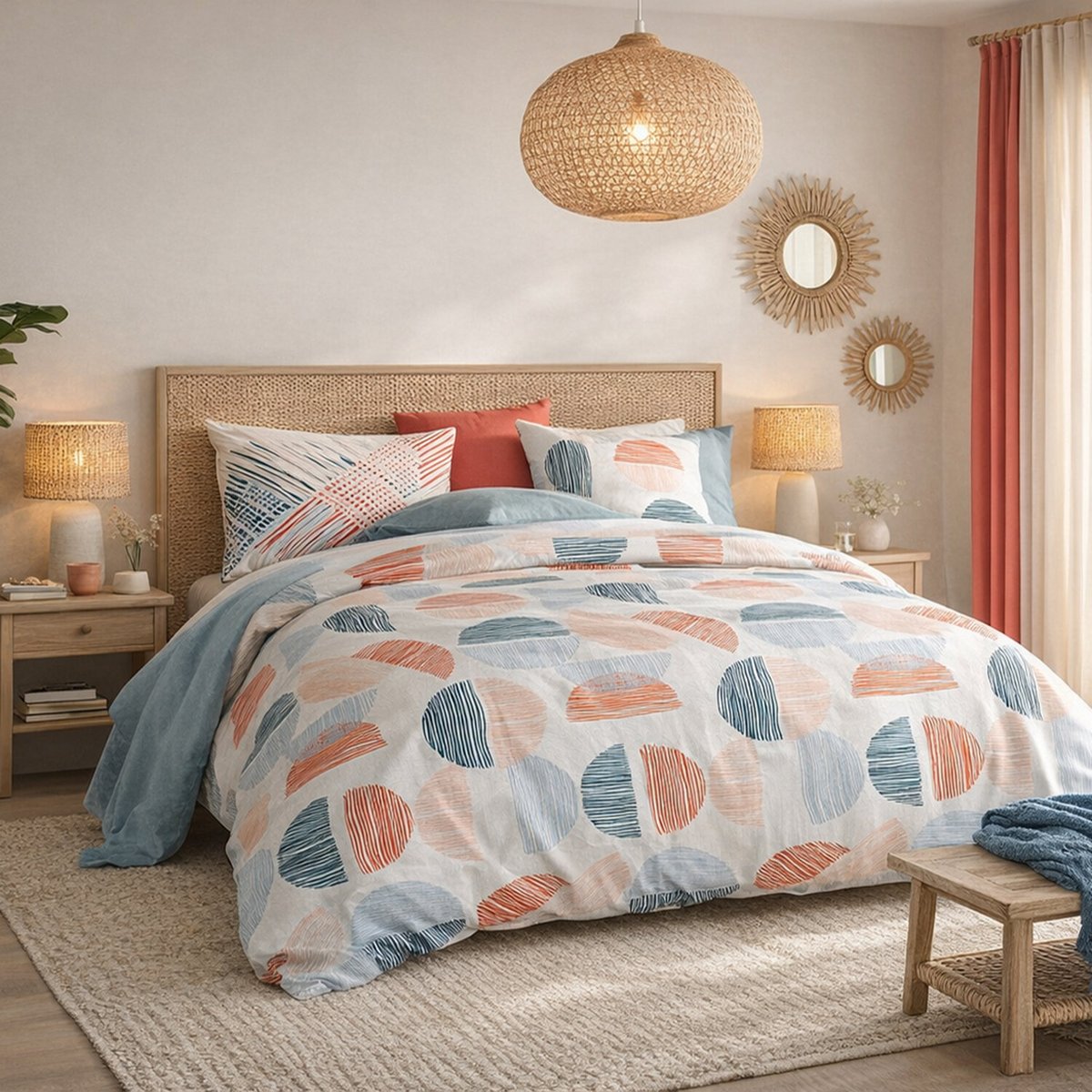 Parure housse de couette en coton imprimée, Halley rouge, C DESIGN HOME TEXTILE