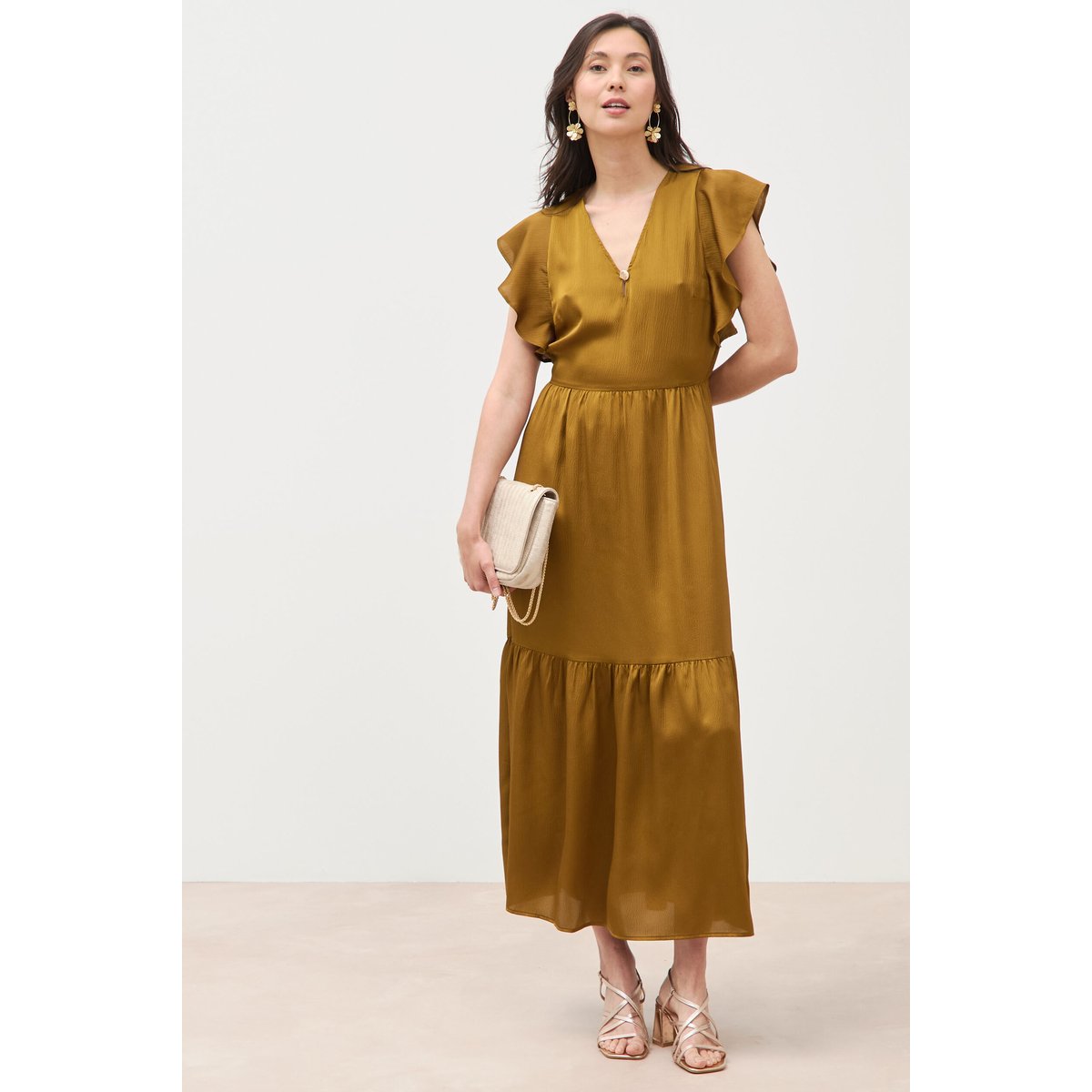 Robe fluide col v manches courtes vert fonce, BONOBO