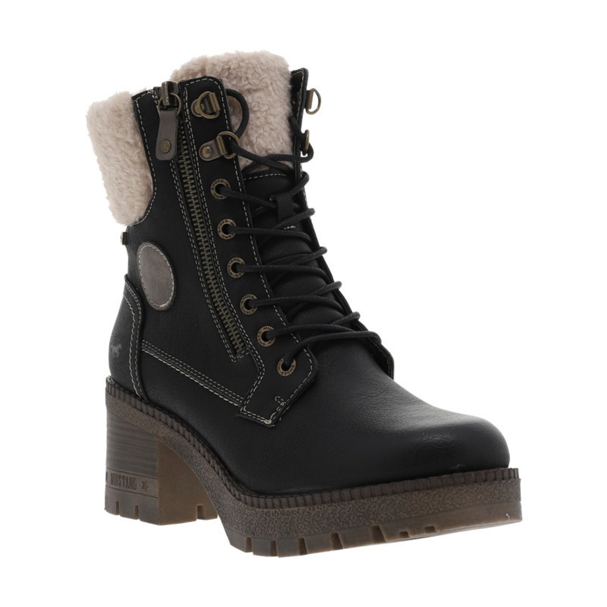 Bottines noires à talon décroché moyen avec un zip et des lacets ronds noires, MUSTANG
