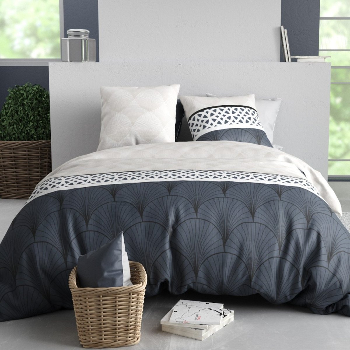 Housse de couette 100% coton 57 fils + 2 taies d’oreiller gris, DECORATIE