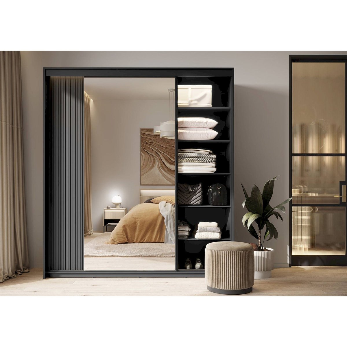 Armoire coulissante à miroir et éclairage LED noir, RECOLLECTION