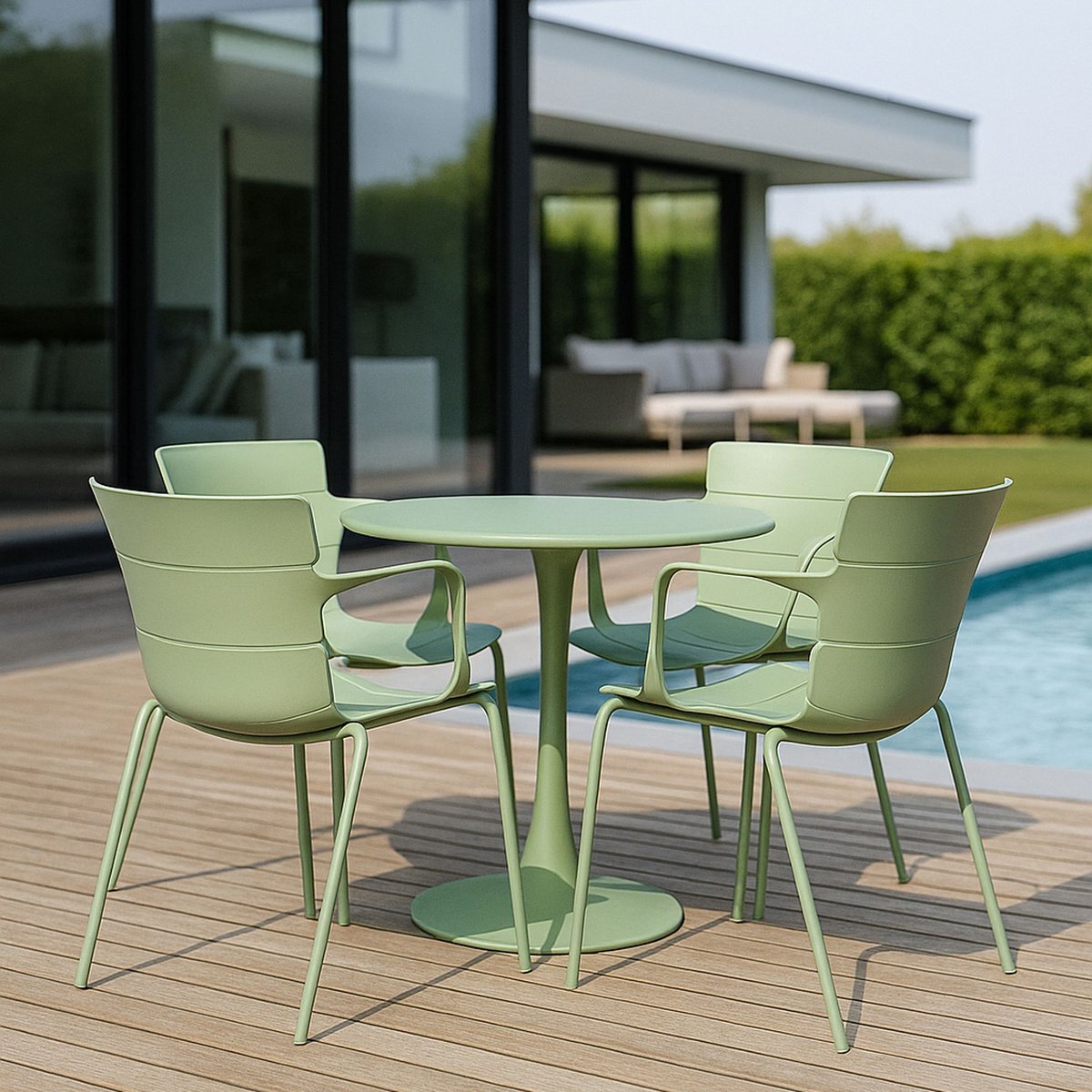 Salon de jardin table et 4 fauteuils en polypropylène et métal, MONTAUK vert, NOW'S HOME