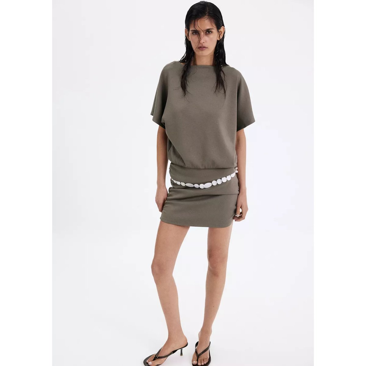 Robe maille détail drapé marron, MANGO