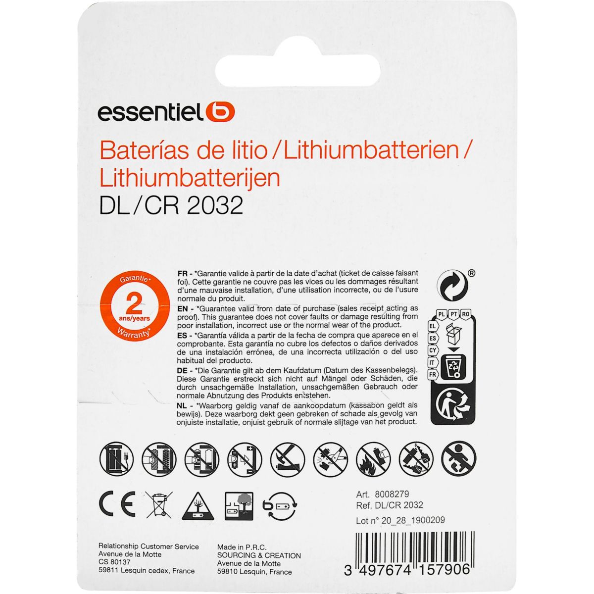 Pile CR 2032 x 4 piles Lithium couleur unique, ESSENTIEL B