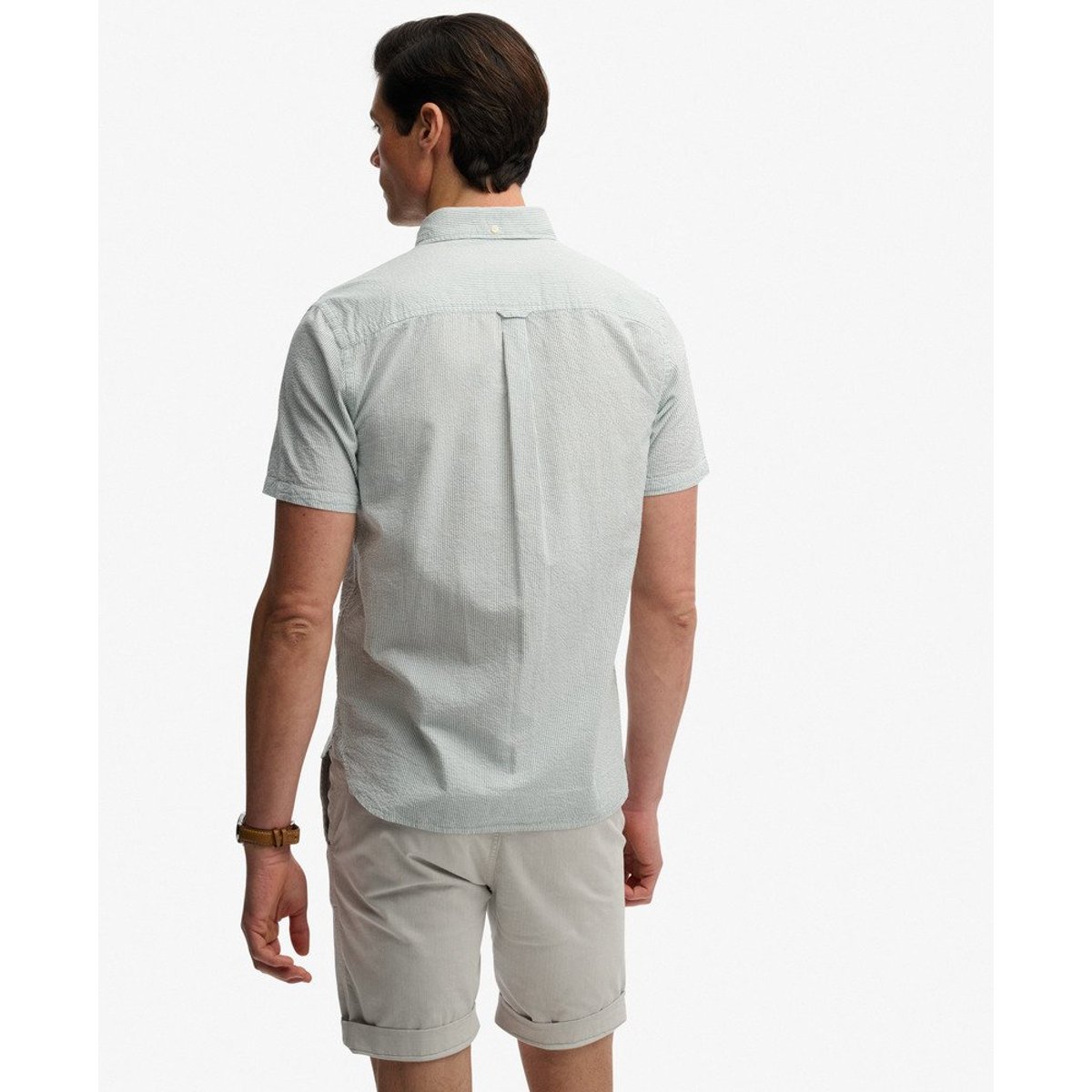 Chemise à manches courtes en seersucker classique crème/vert, SUPERDRY