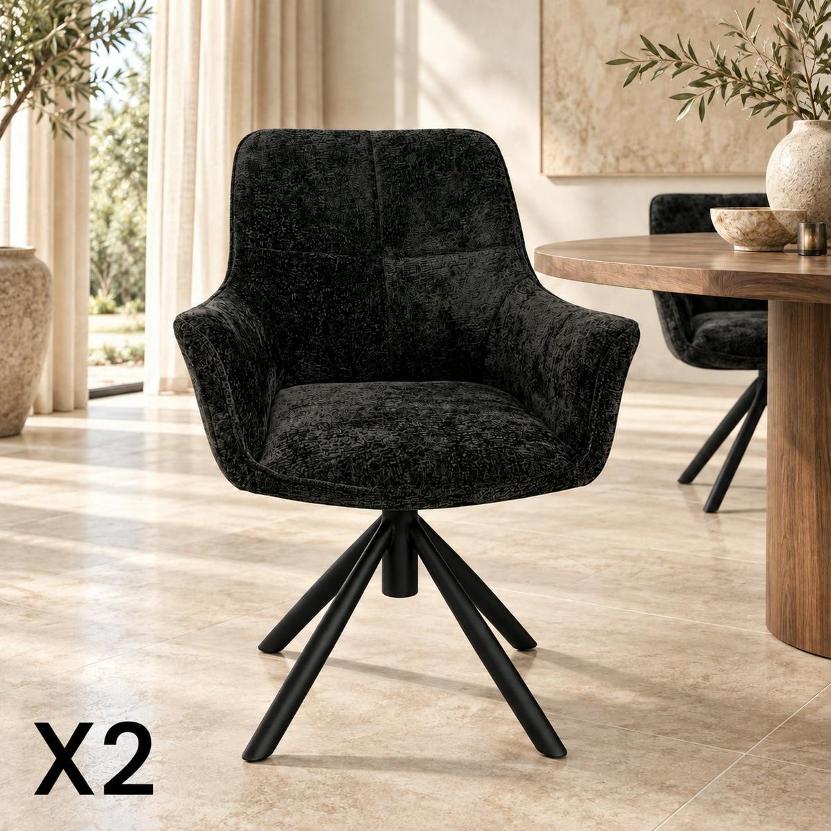 Fauteuil de table pivotant tissu noir (lot de 2) IENA noir, PIER IMPORT