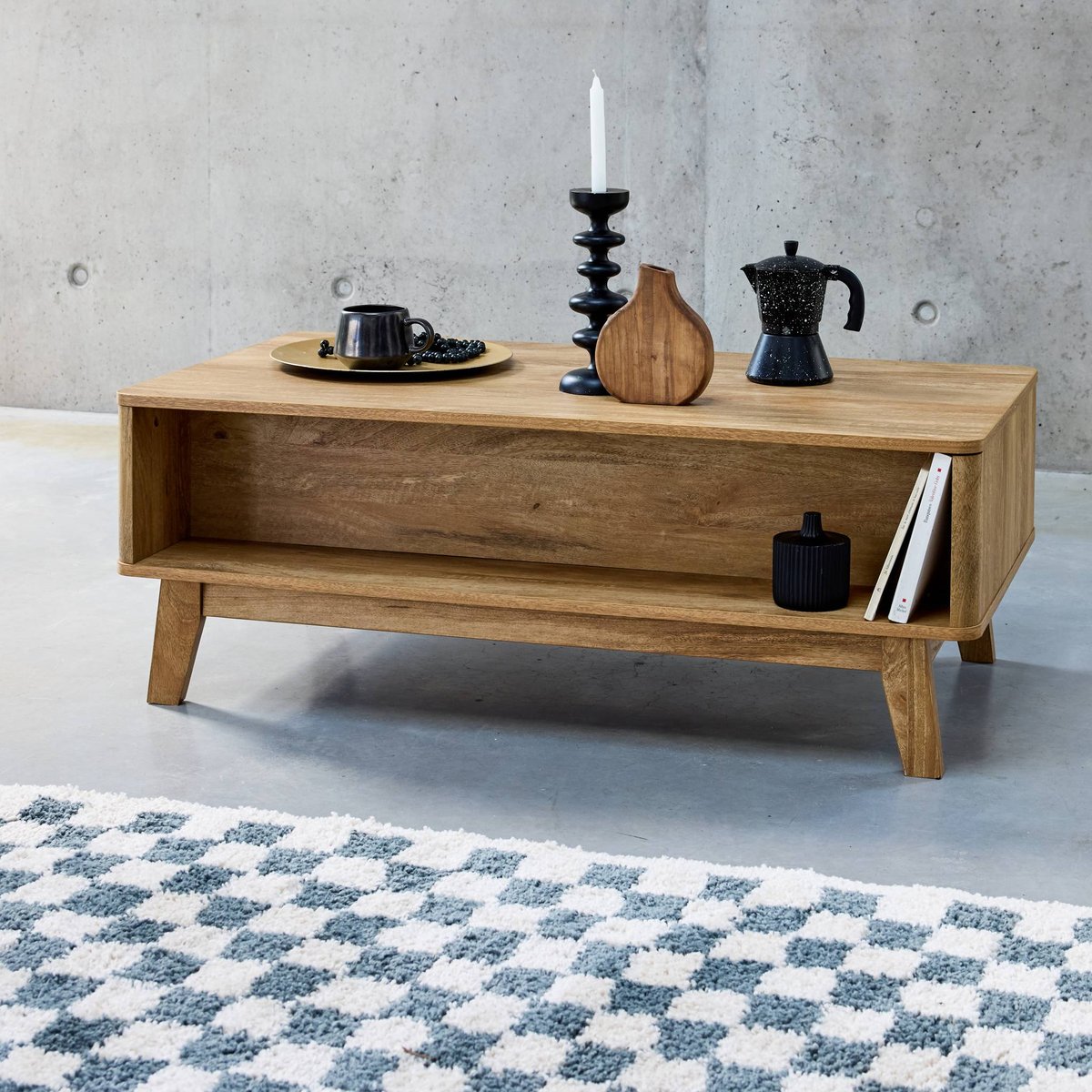 Table basse rectangulaire décor bois et cannage 1 porte coulissante MANI naturel, SWEEEK