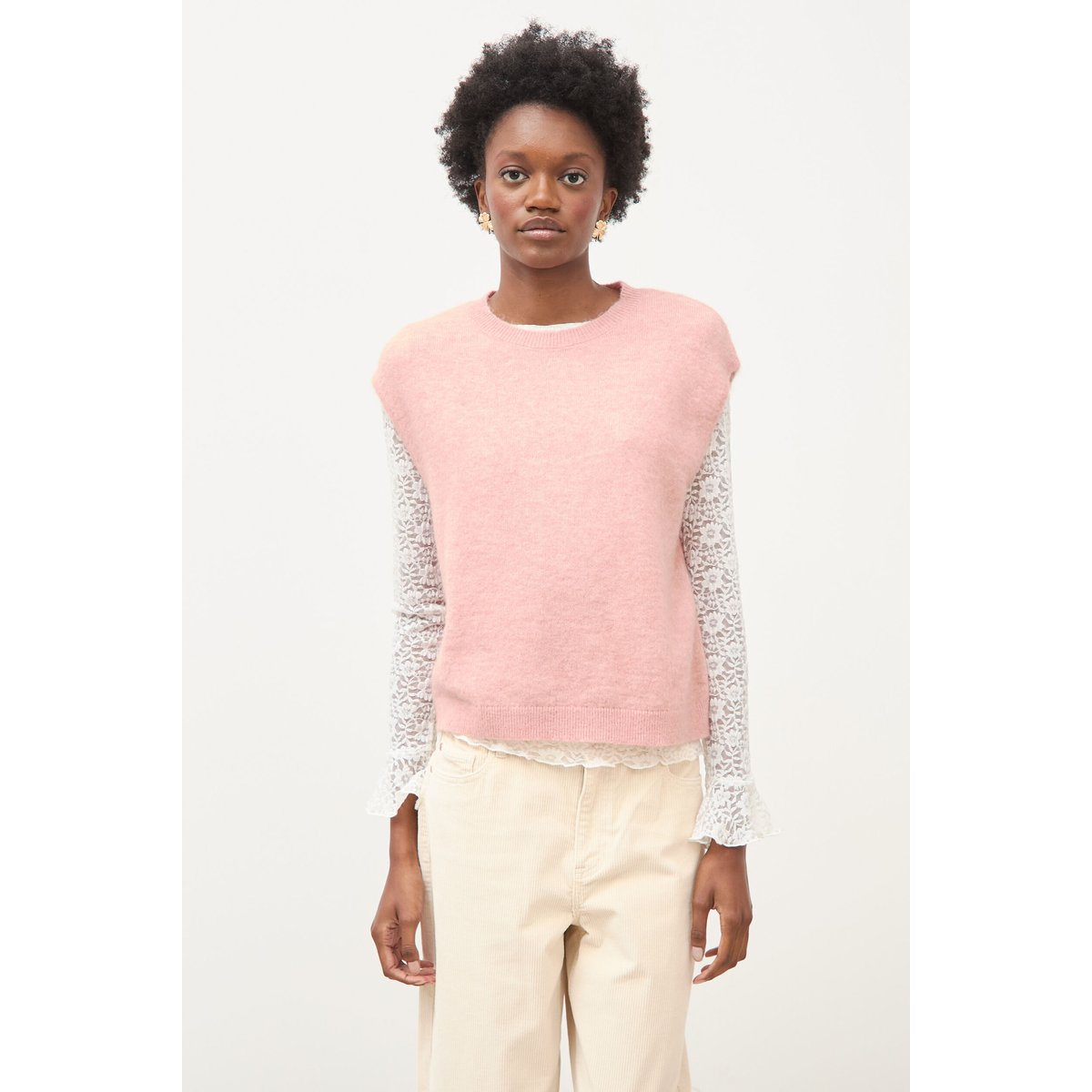 Pull droit court sans manches col rond rose pastel, BONOBO