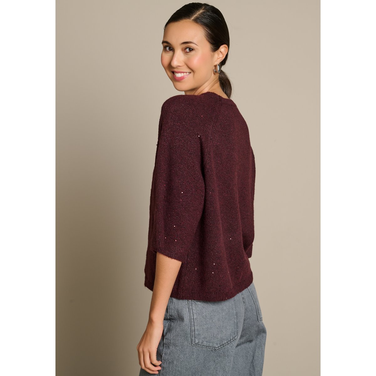 Pull scintillant à manches 3/4 aubergine, LOLALIZA
