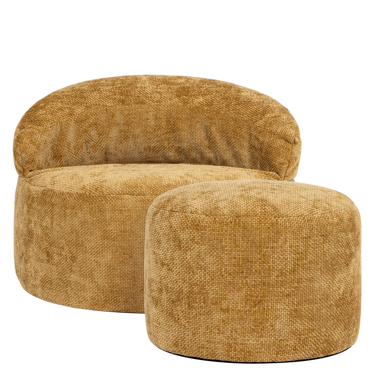 Pouf fauteuil d’appoint décoratif et son repose-pied rond en tissu chenille Oeko-Tex® - ORB moutarde, ICON