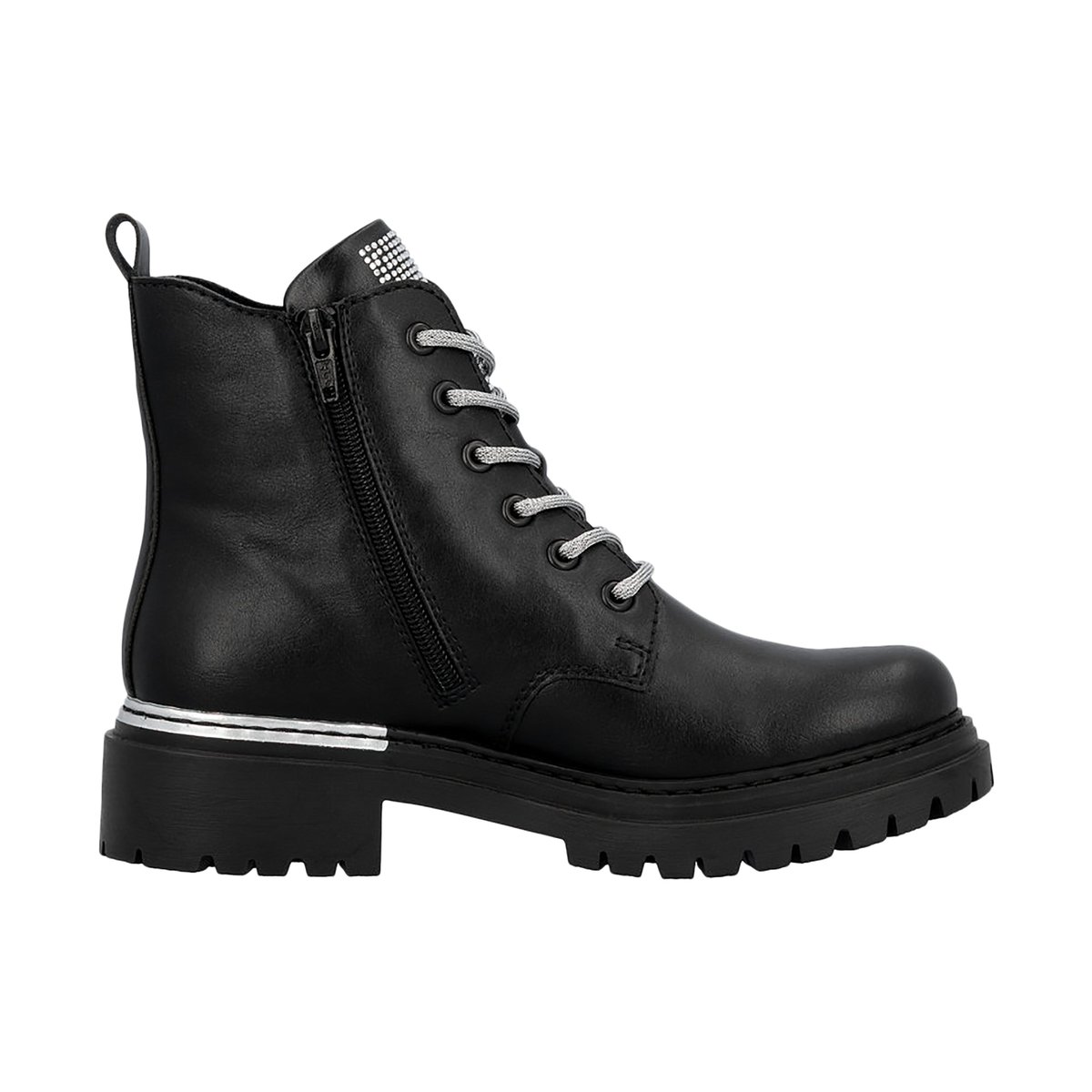 Bottines noires à talon décroché bas avec un zip et des lacets ronds noires, RIEKER