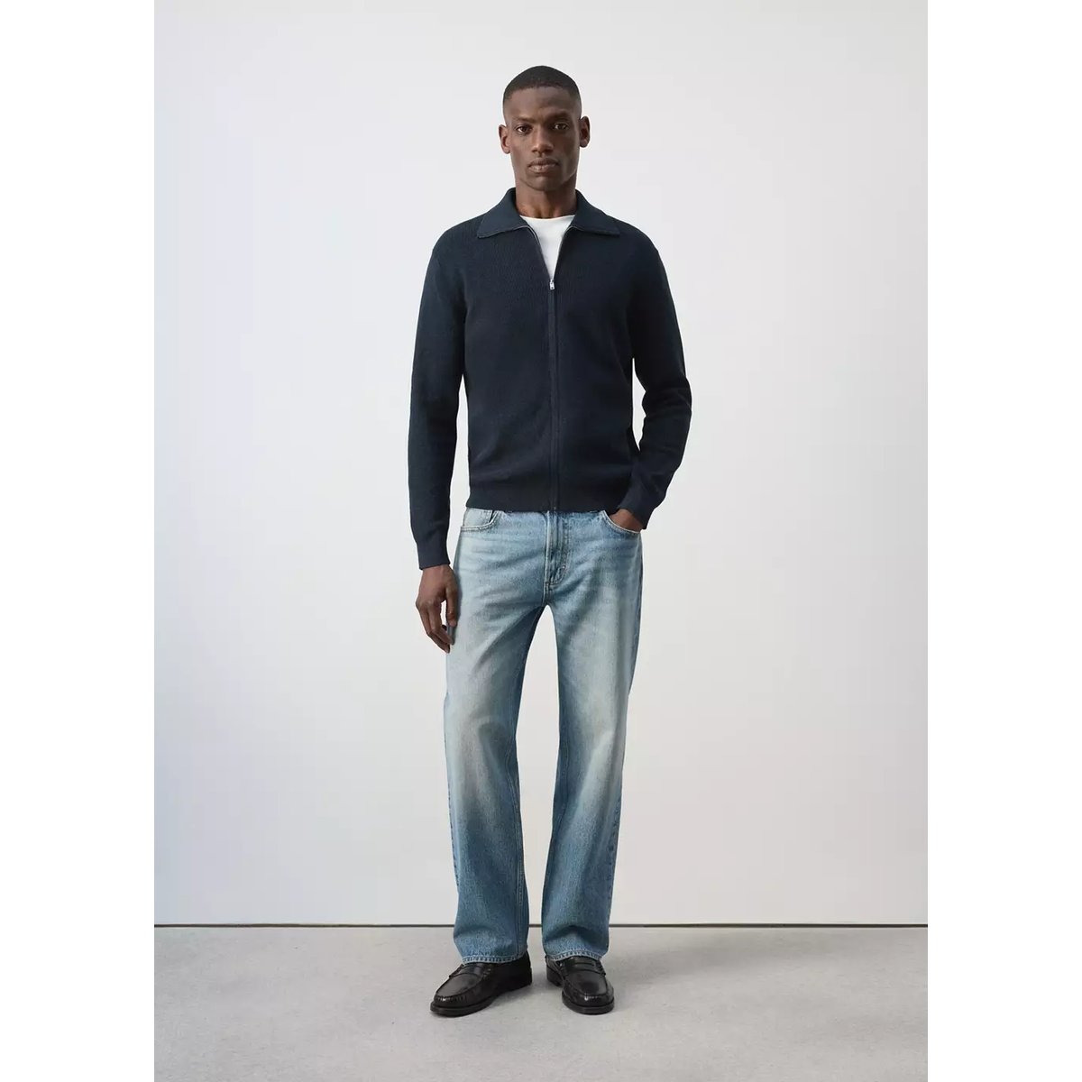 Cardigan 100 % coton zippé bleu marine, MANGO MAN