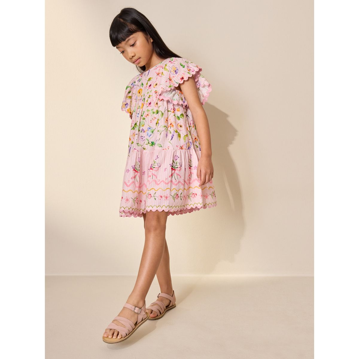 Robe imprimée à manches ange rose motif fleurs, NEXT