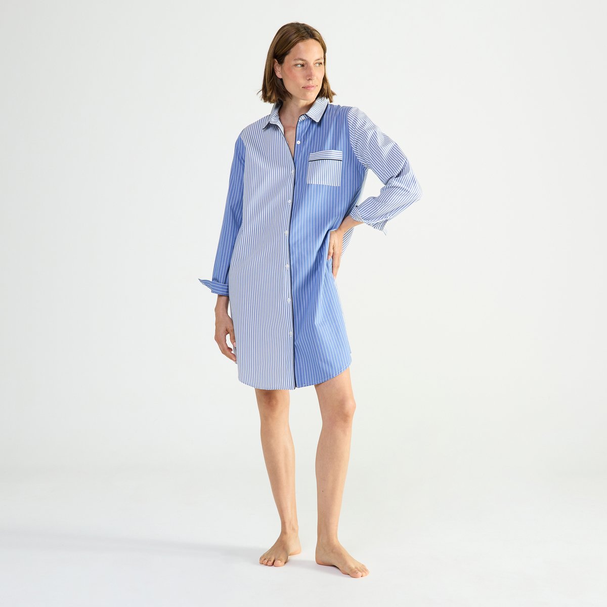 Chemise de nuit col classique en popeline de coton ESSENTIEL FANTAISIE bleu, LAURENCE TAVERNIER