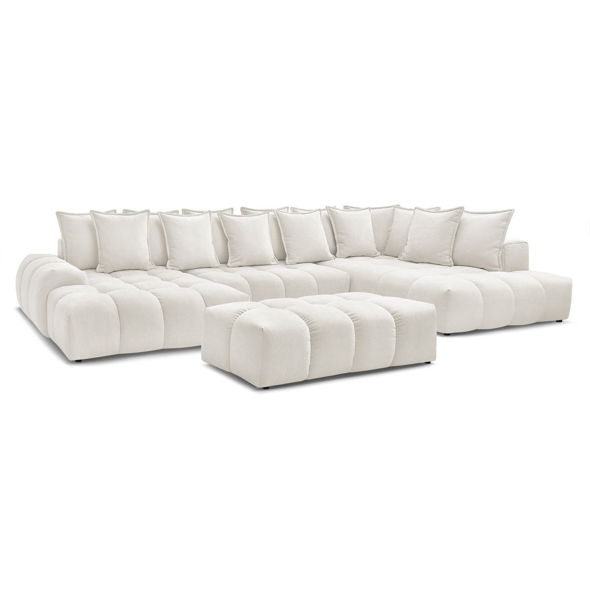 Canapé panoramique convertible 7 places en tissu texturé avec pouf, EVEREST blanc, BOBOCHIC