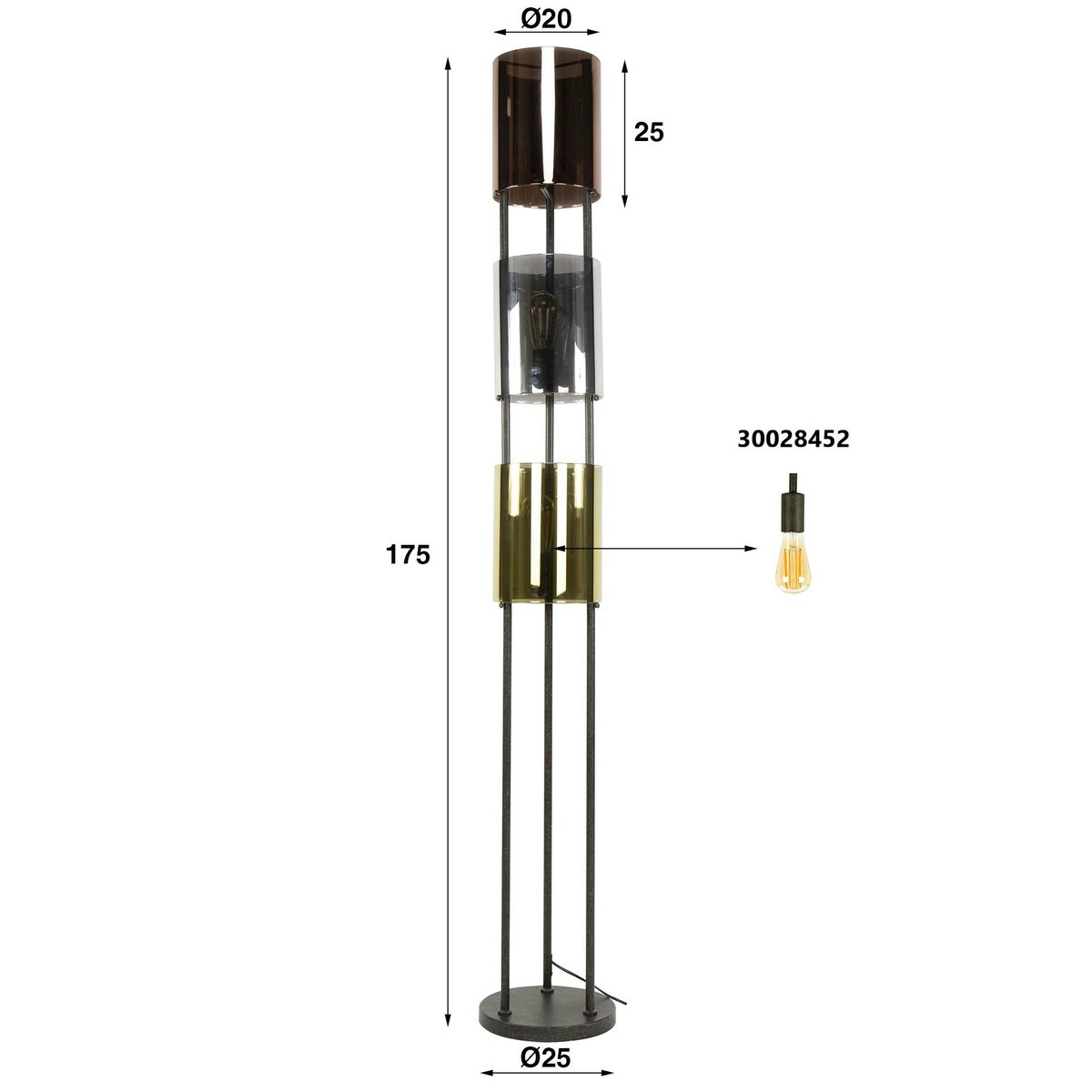 Lampadaire moderne tricolore, 3 abat-jour en verre NIAGARA noir, PIER IMPORT