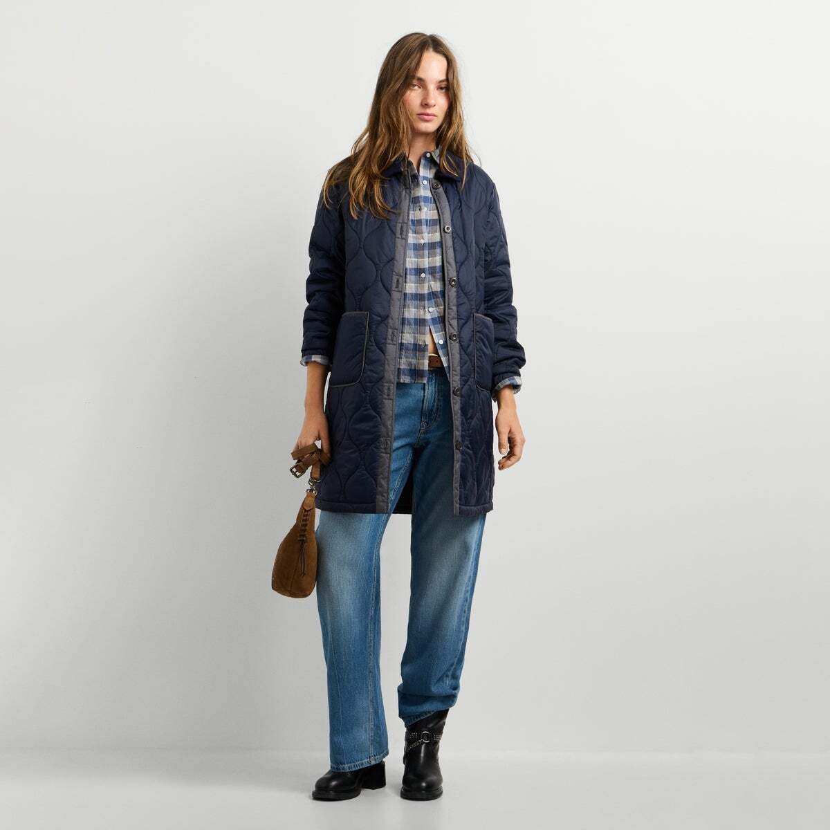 Veste Longue Matelassée Avec Col En Velours Côtelé bleu acier, PEPE JEANS