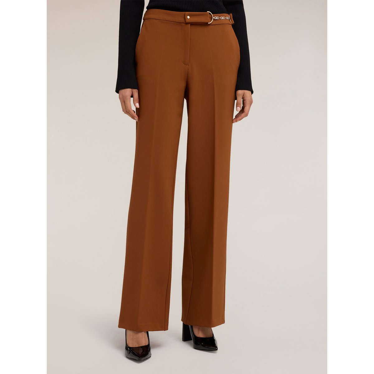 Pantalon palazzo avec passant en métal marron, MOTIVI