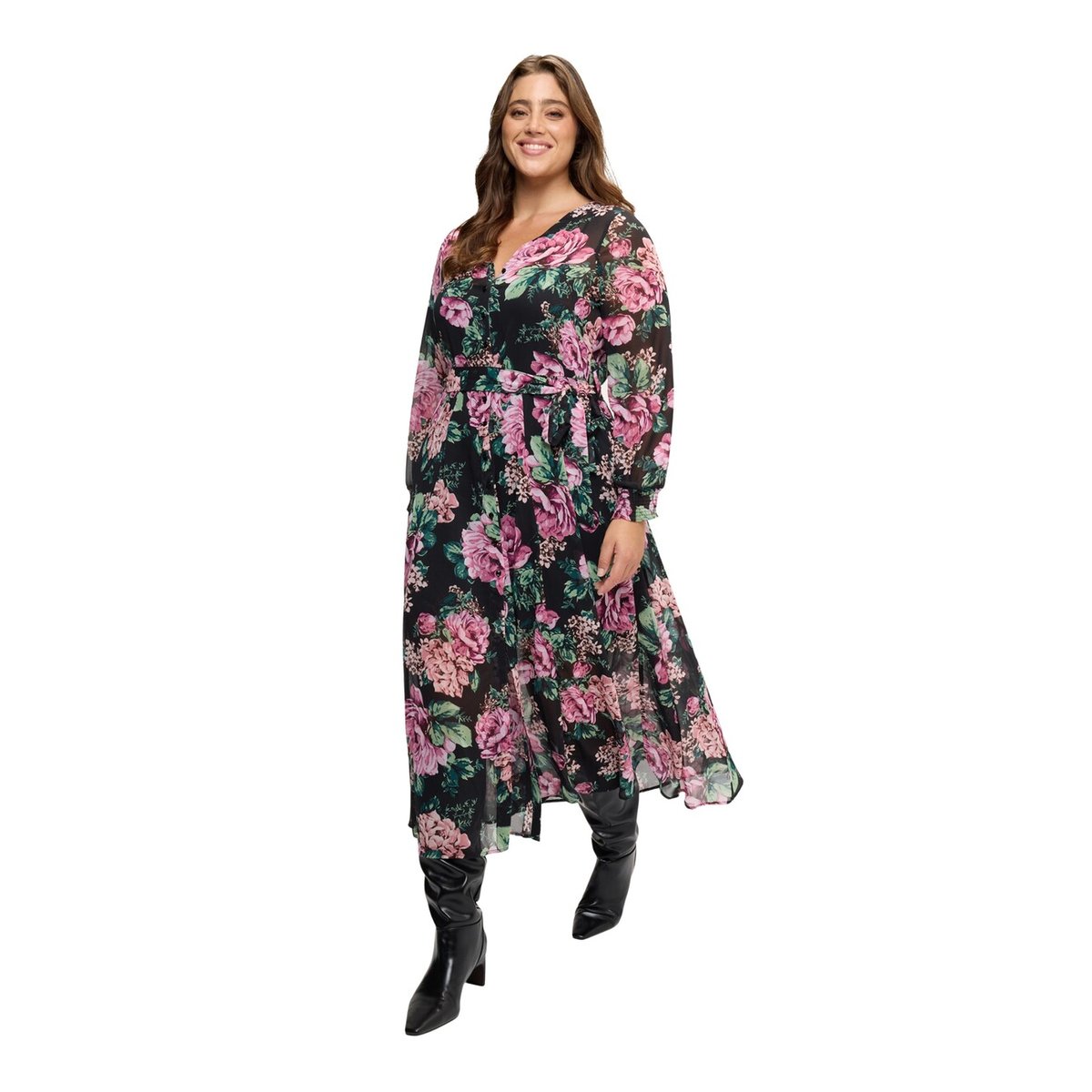 Robe longue à imprimé fleuri noir, FIORELLA RUBINO
