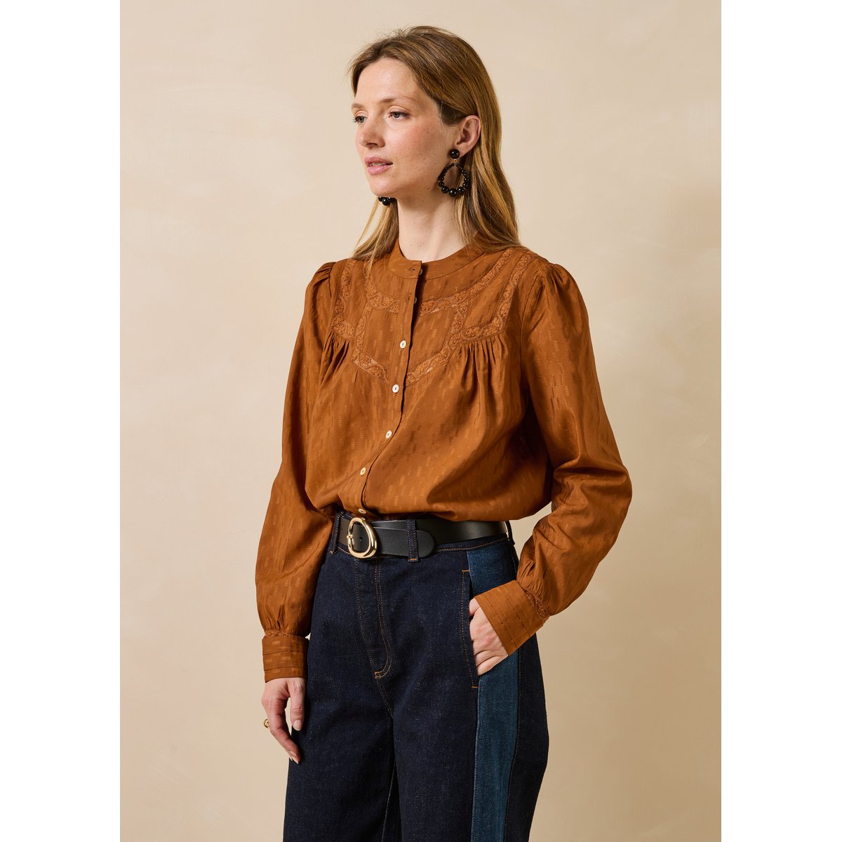 Chemise en jacquard manches longues cognac, LA FEE MARABOUTEE