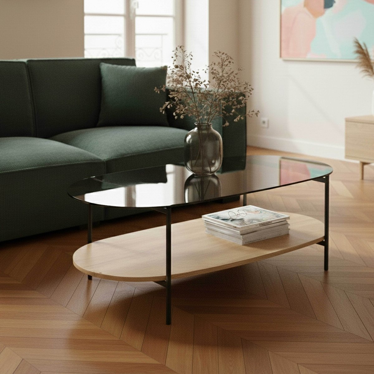 Table basse en verre et effet bois clair ovale 120 x 55 x 40 cm, RUBY bois clair, OVIALA