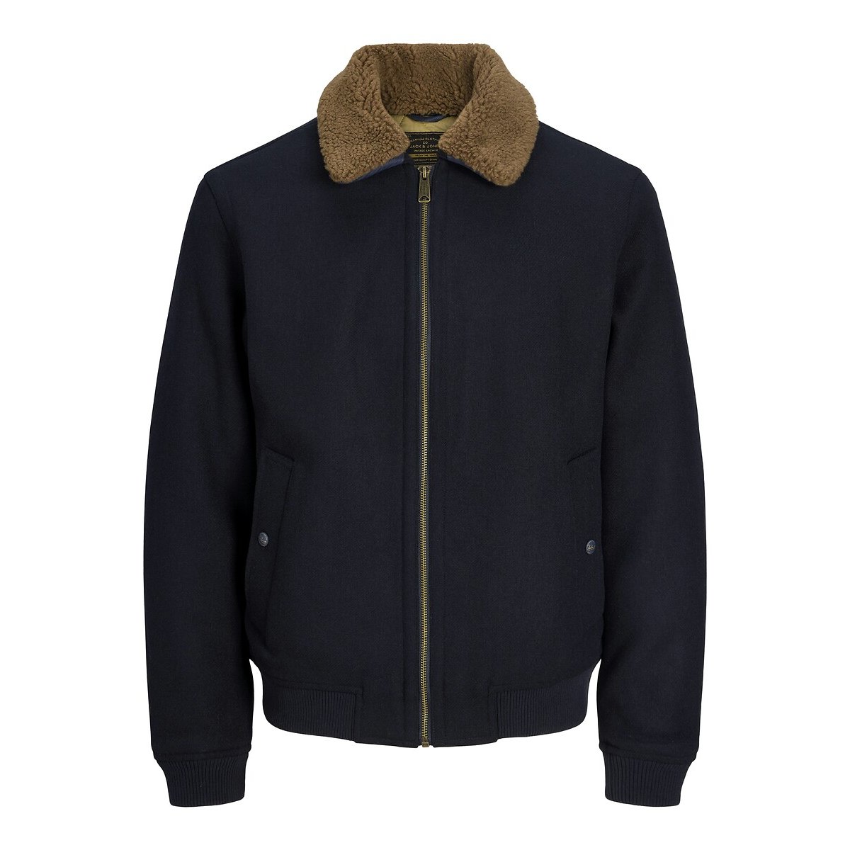 Giacca in misto lana con collo in sherpa blu marino, JACK & JONES