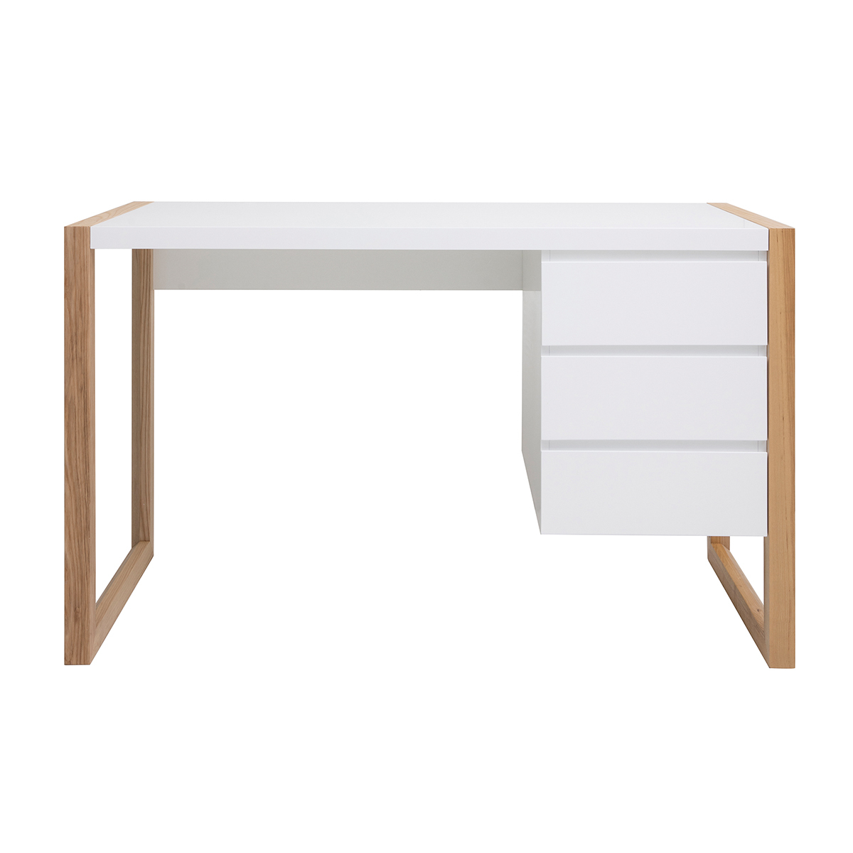 Bureau avec rangements 3 tiroirs scandinave blanc mat et bois clair frêne massif L130 cm ARMEL blanc, MILIBOO