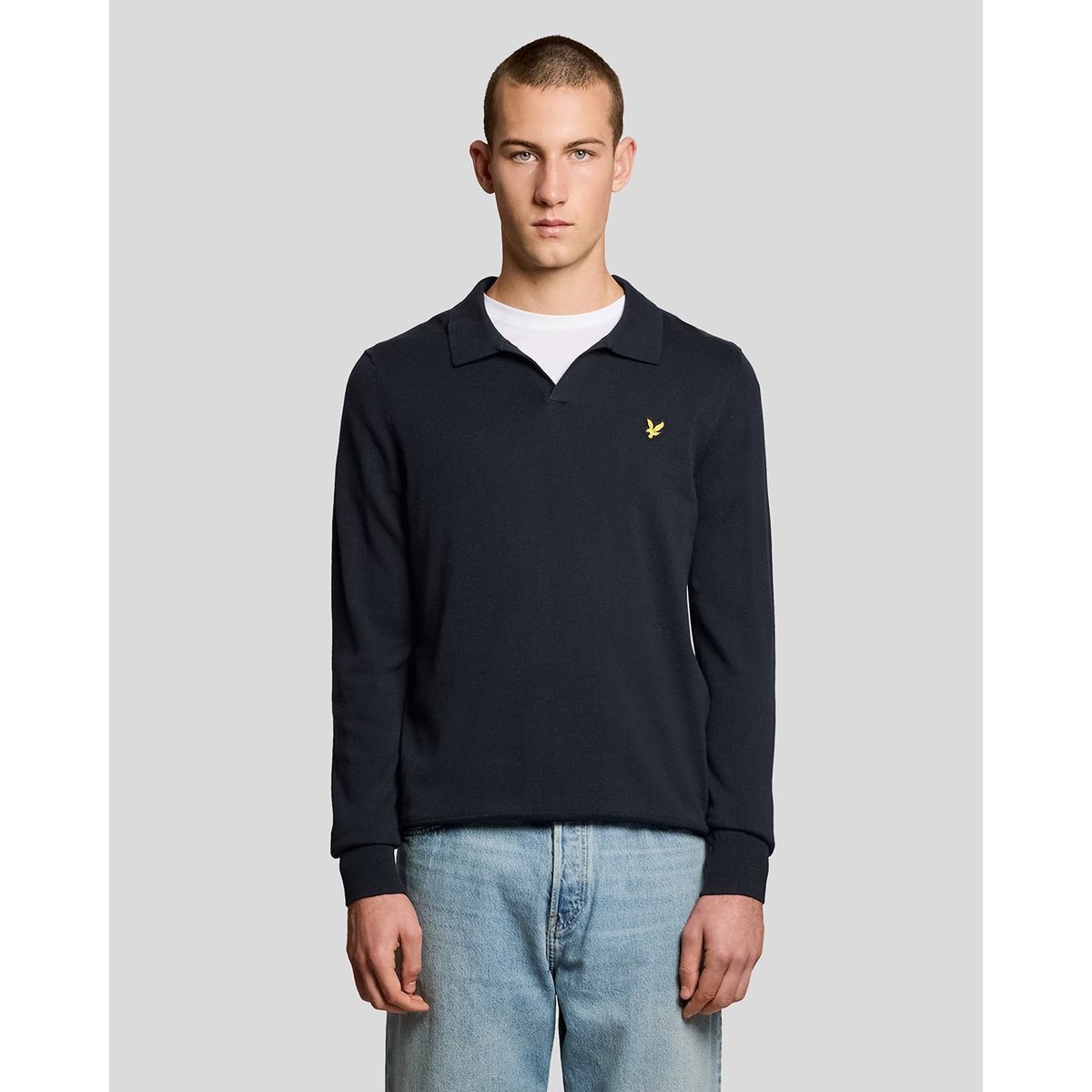 Pull à col polo en coton bleu foncé marine, LYLE & SCOTT