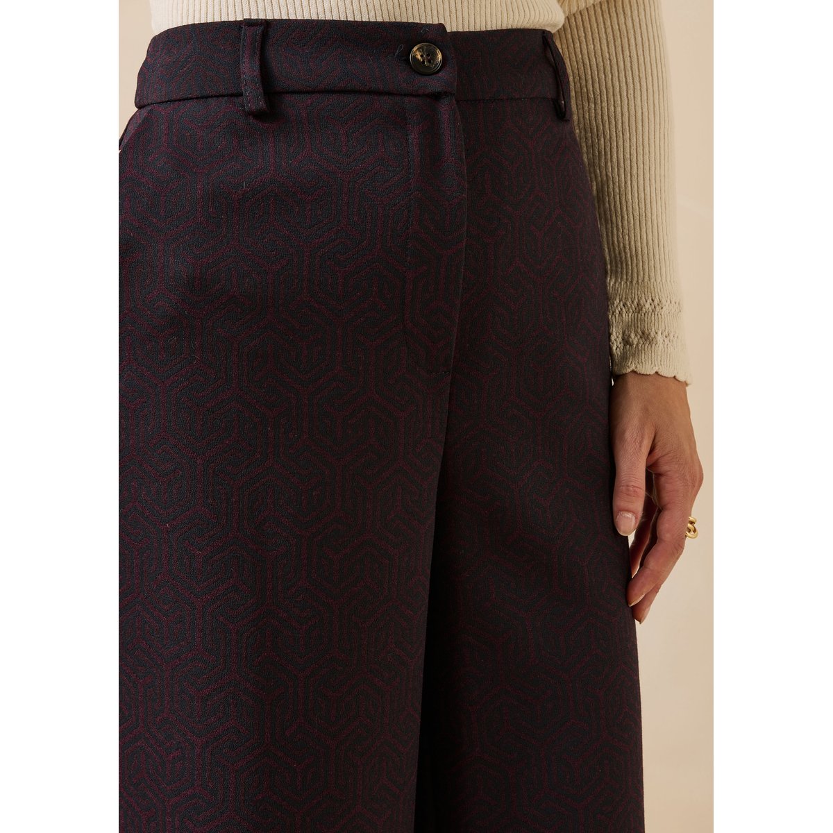 Pantalon droit en jacquard aubergine/encre, LA FEE MARABOUTEE