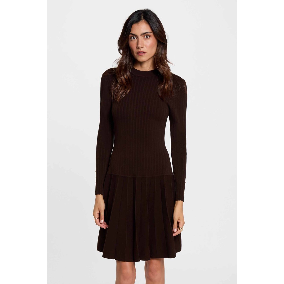 Robe tricot manches longues marron foncé, MORGAN