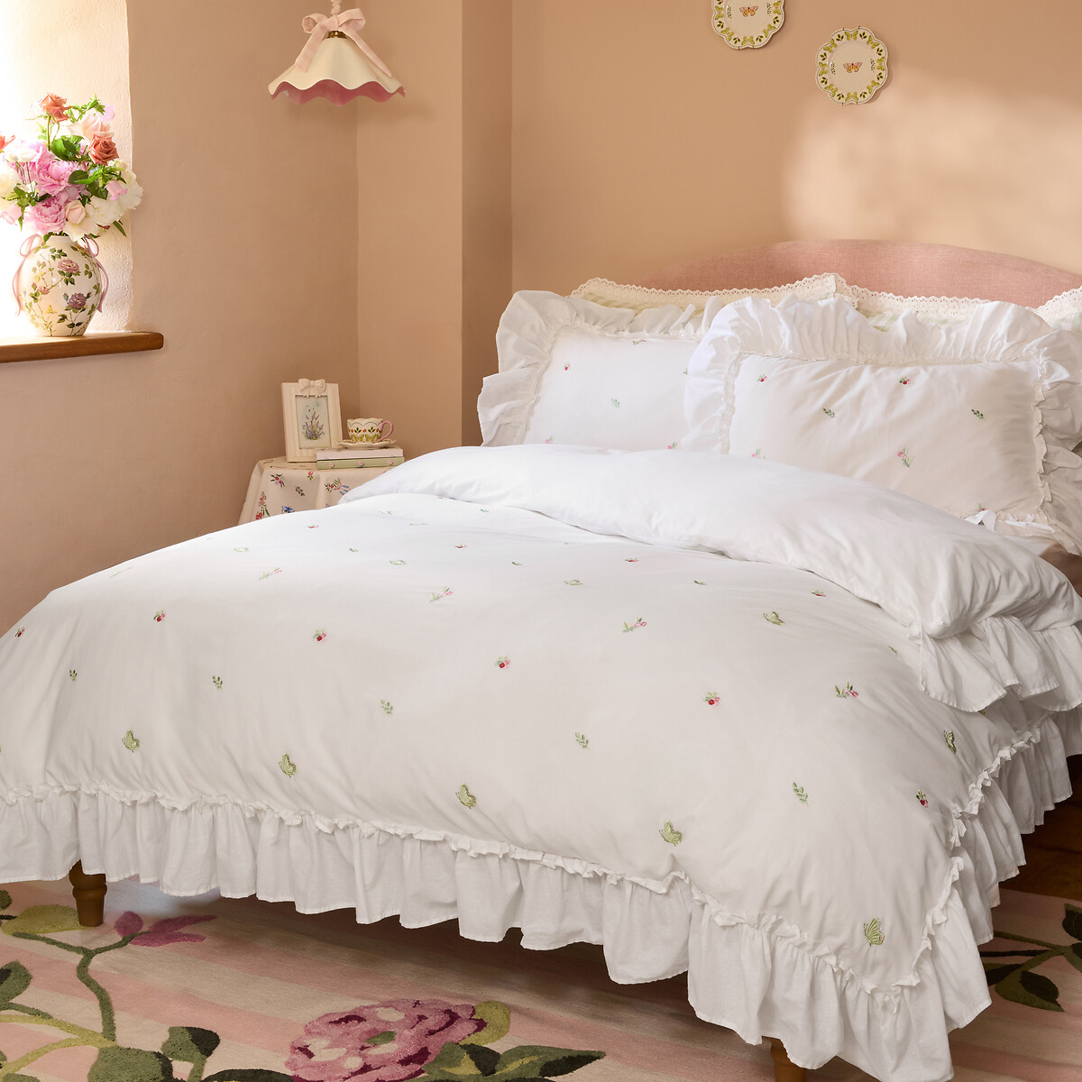 Tiny Floral Embroidered Frill Cotton Duvet Cover and Pillowcase Set white, CATH KIDSTON