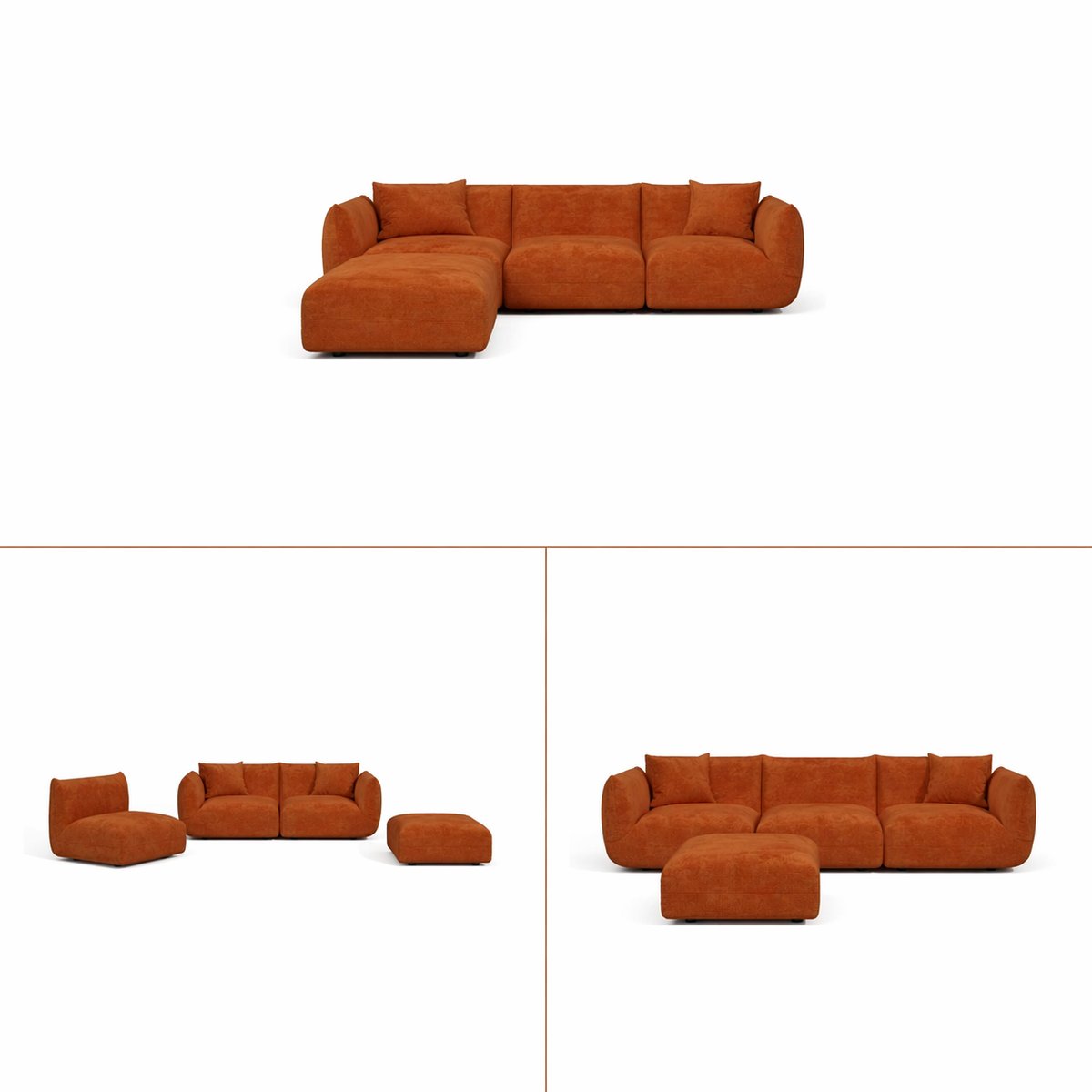 Canapé d'angle modulable 6 places en velours chenillé NOOMA terracotta, SIA HOME