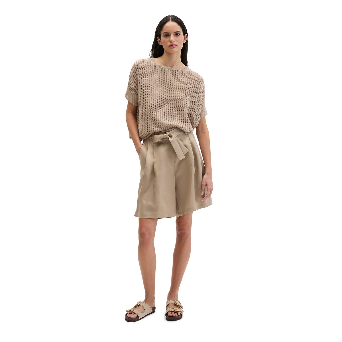 Pull-over en maille à manches courtes boxy en mélange coton organique-lin beige, MARC O'POLO