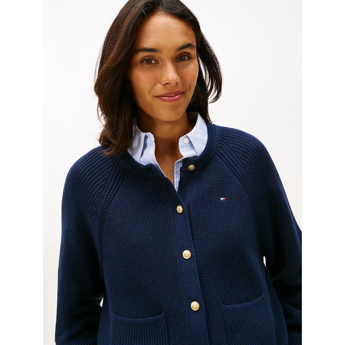 Cardigan de gola redonda com bolsos marinho, TOMMY HILFIGER