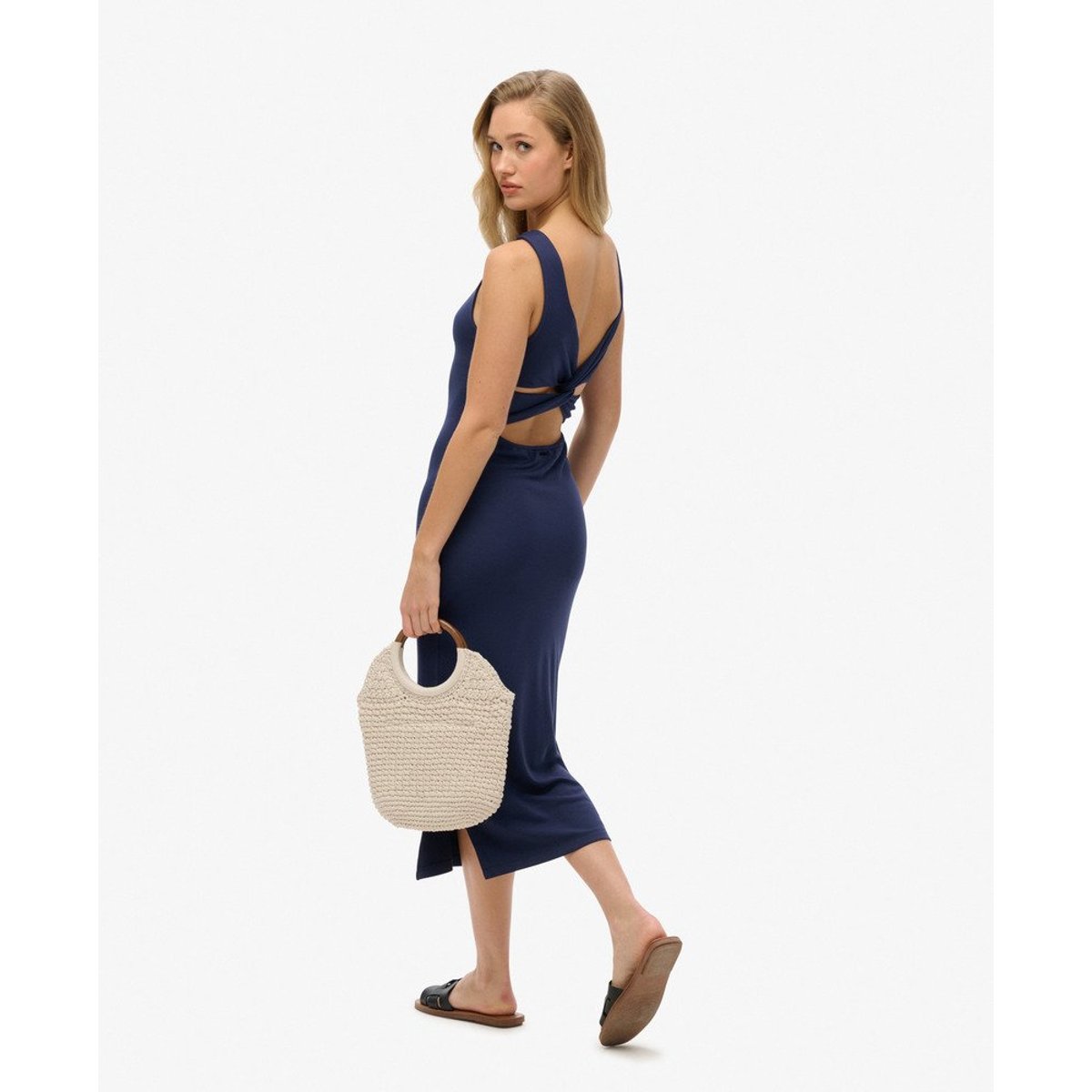 Robe mi-longue en jersey à dos torsadé bleu marine atlantique, SUPERDRY