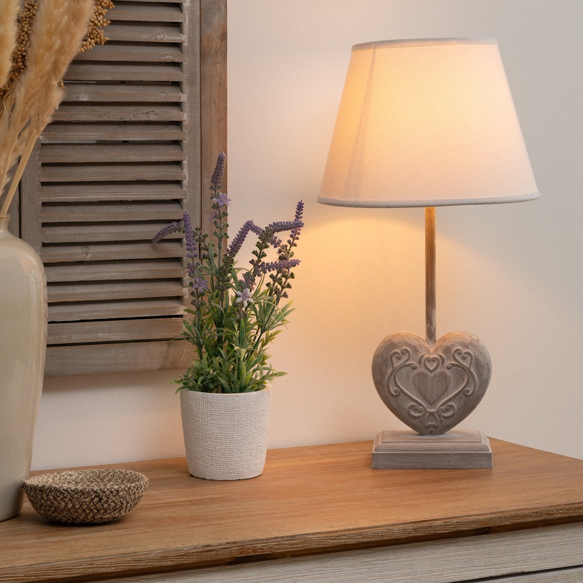 Lampe à poser en bois abat-jour en lin PRATI taupe, ATMOSPHERA