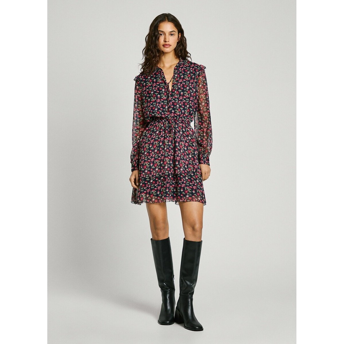 Robe manches longues en voile OLIVE imprimé fond marine, PEPE JEANS