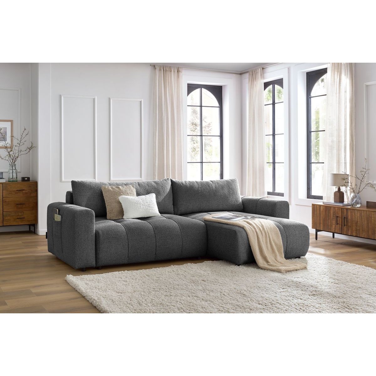 Canapé d'angle convertible 3 places en tissu chiné, ARSENE gris foncé, BOBOCHIC