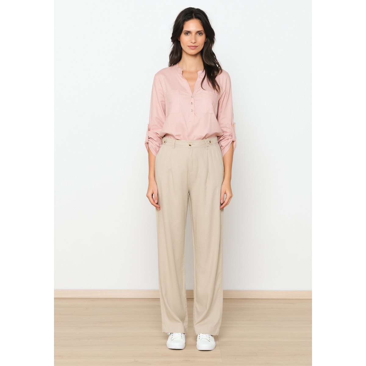 Pantalon de tailleur en lin taupe, LOLALIZA