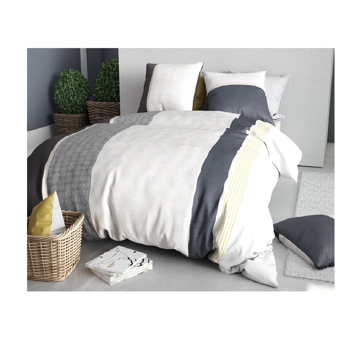 Housse couette + taie Bande stratus blanc, EDEN