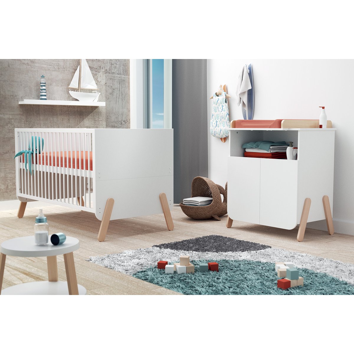 Lit bébé évolutif en bois PIRATE blanc et hêtre verni, WEBABY