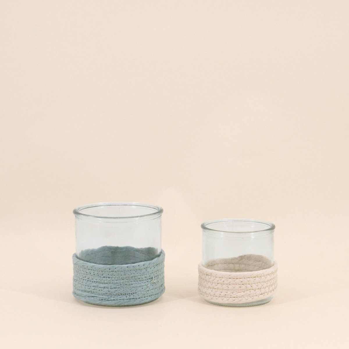 Set de 2 photophores en verre et corde blanc - vert, ORNAMI