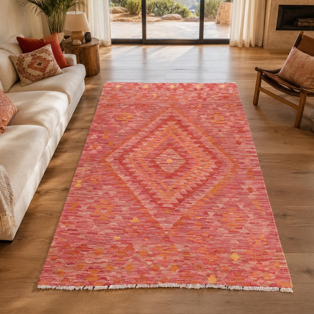 Tapis kilim géométrique, tissé plat en laine, KILIM 39 rouge, orange, rose, UN AMOUR DE TAPIS