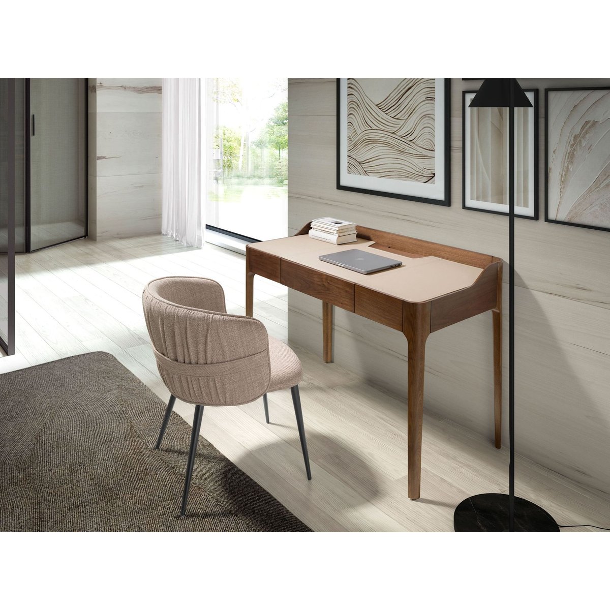 Bureau avec plateau en simili cuir et noyer noyer | crème, ANGEL CERDA