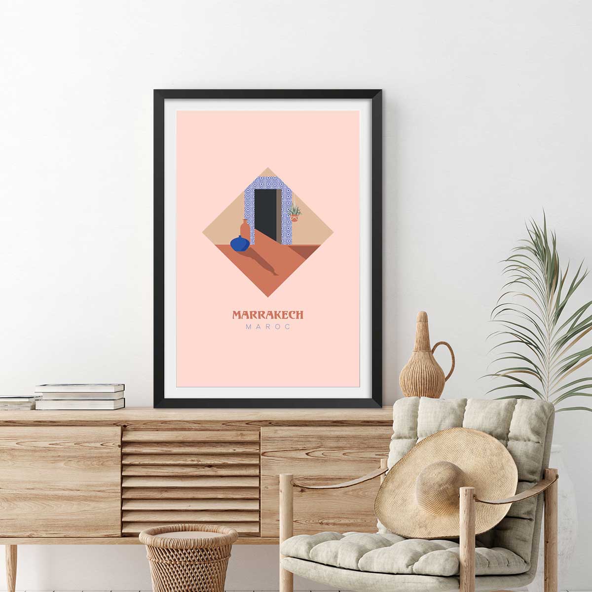 Affiche illustration graphique marrakech maroc affiche + cadre en bois - noir, HEXOA