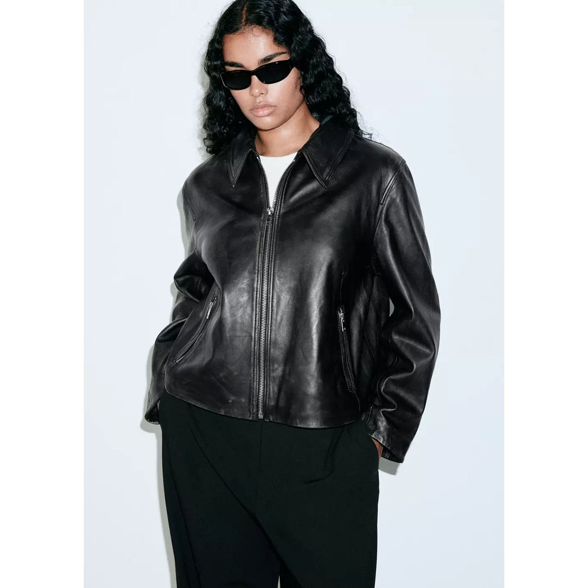 Veste cuir revers marron, MANGO