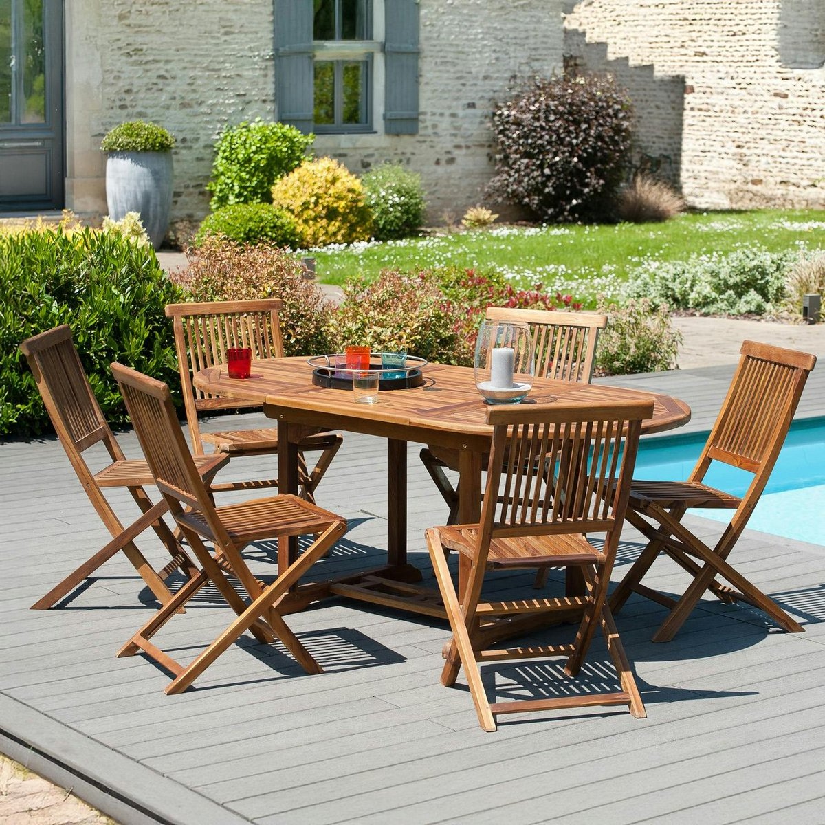 Salon de jardin table d'extérieur extensible ovale 120/180x90cm 6 chaises pliantes en bois de teck huilé MACAO bois naturel, PIER IMPORT