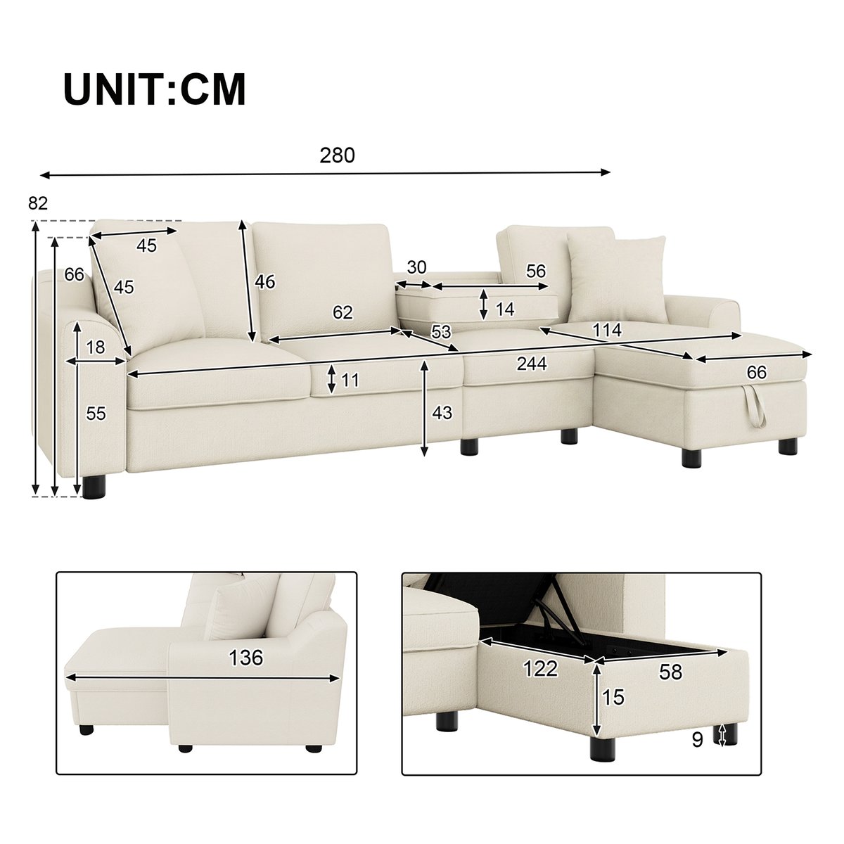 Canapé d'angle réversible coffre en chenille, VASEB beige, MEUBLES COSY