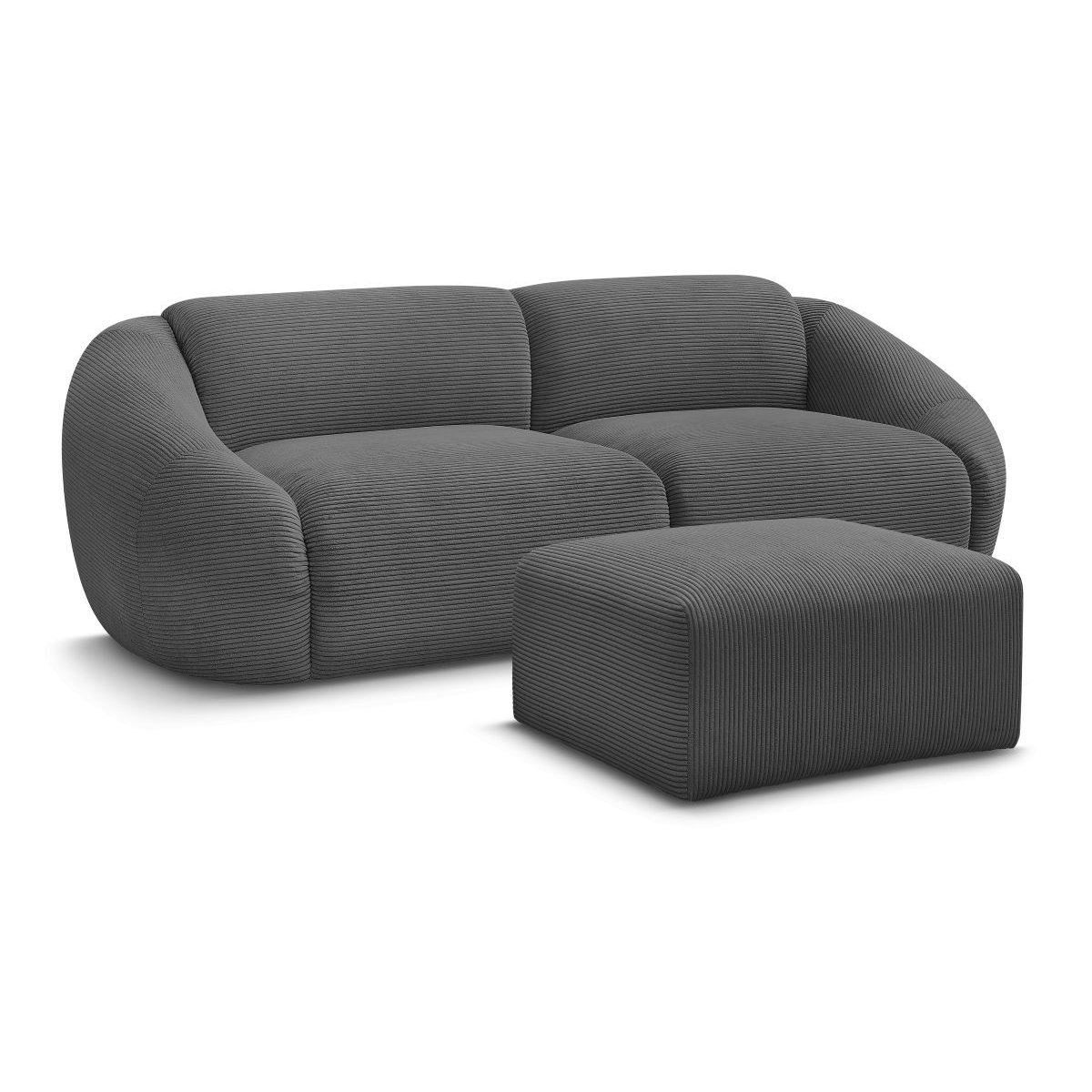 Canapé droit fixe 4 places en velours côtelé avec pouf, TINA gris foncé, BOBOCHIC